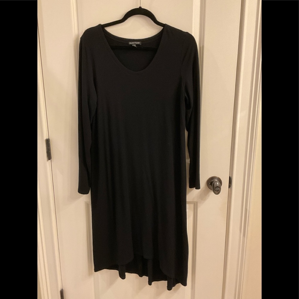 Eileen Fisher long sleeve black dress, dramatic hemline, 92% Viscose, 8% Lycra